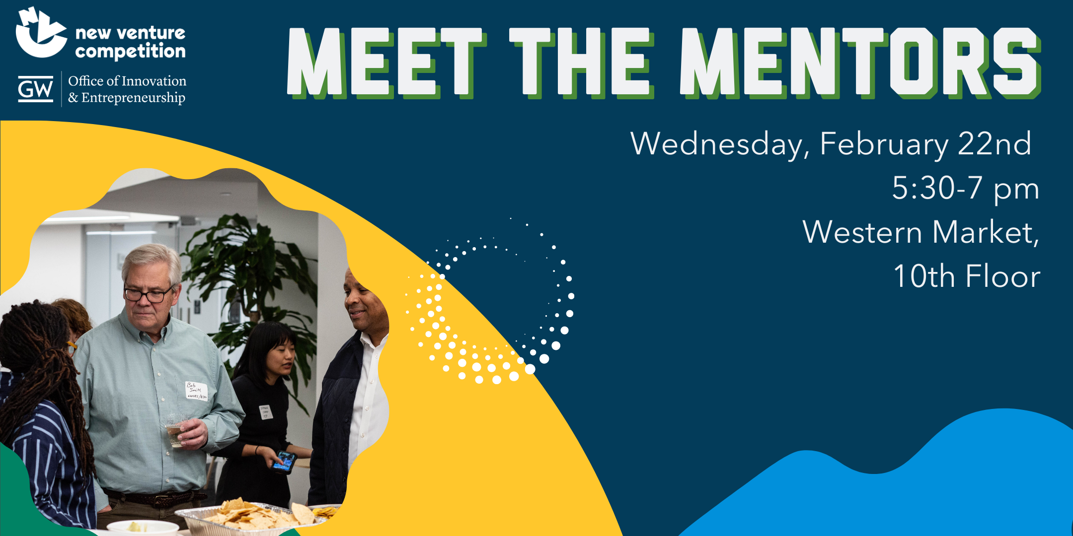 Promotional event graphic including an image with three people networking.